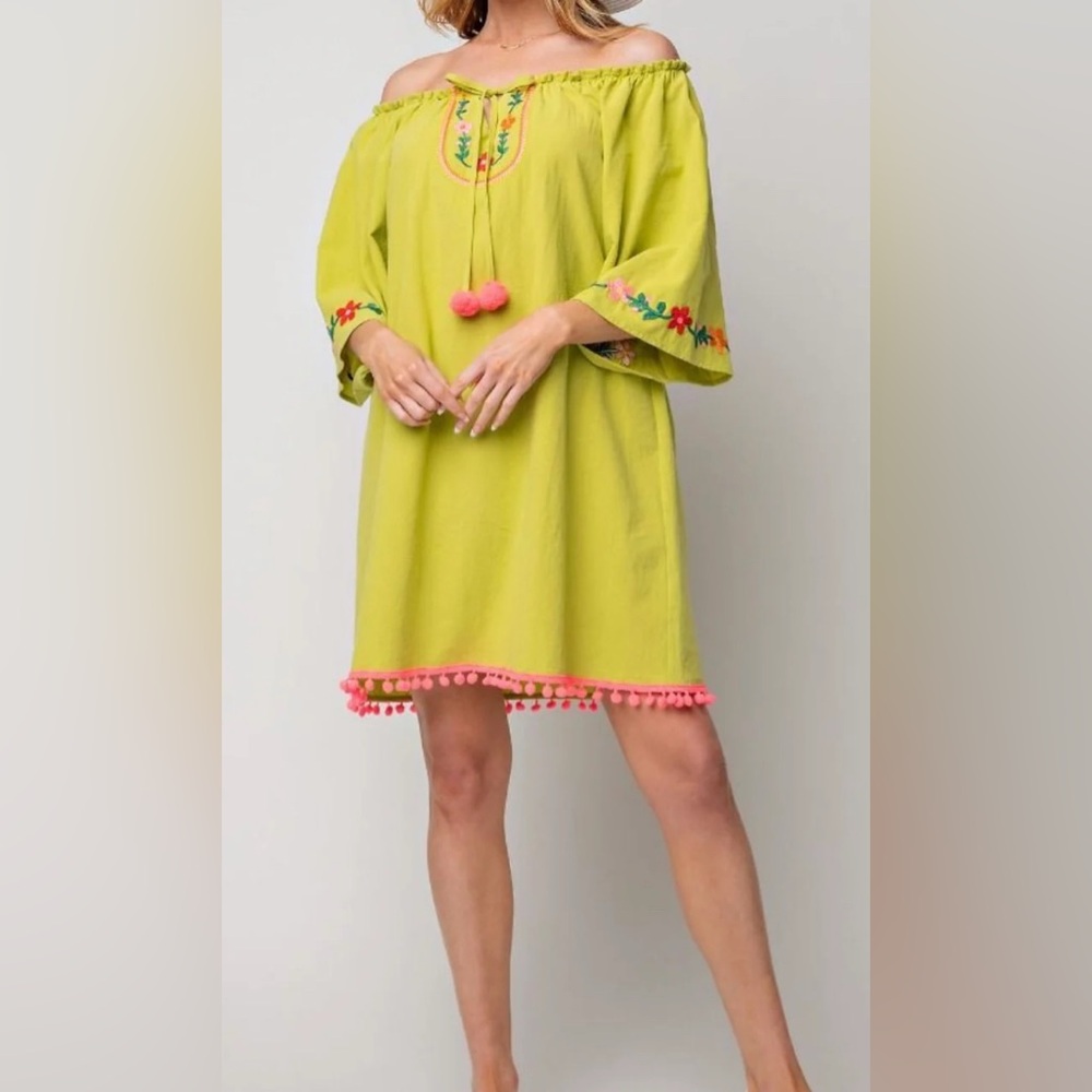 Floral Embroidered Womens Dress - Green and Pink